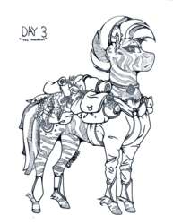 Size: 989x1280 | Tagged: safe, artist:nightmare-moons-throneroom, zecora, pony, zebra, g4, bedroll, clothes, ear piercing, earring, female, flask, grayscale, harness, jewelry, looking at you, mare, monochrome, piercing, saddle bag, scroll, shirt, simple background, solo, traditional art, unshorn fetlocks, white background