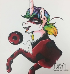Size: 1212x1280 | Tagged: safe, artist:nightmare-moons-throneroom, princess celestia, pony, g4, alternate hairstyle, clothes, costume, crossover, ethereal mane, female, horn, long horn, mare, miraculous ladybug, open mouth, simple background, solo, starry mane, superhero, traditional art, white background