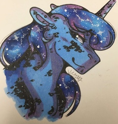 Size: 1224x1280 | Tagged: safe, artist:nightmare-moons-throneroom, princess luna, pony, g4, blushing, coat markings, dappled, ethereal mane, female, floppy ears, looking at you, mare, missing accessory, sidemouth, simple background, smiling, solo, starry mane, traditional art