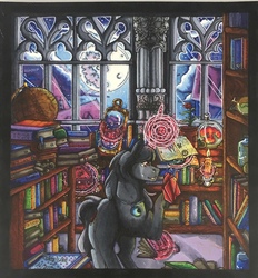 Size: 1190x1280 | Tagged: safe, artist:nightmare-moons-throneroom, king sombra, pony, unicorn, g4, book, bookshelf, bottle, candle, commission, crying, crystal, cutie mark, flower, flower pot, globe, glowing horn, horn, hourglass, jewelry, library, magic, male, mare in the moon, moon, necklace, rose, scroll, solo, sombra's cutie mark, stallion, telekinesis, traditional art, window