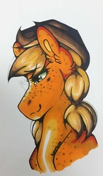 Size: 749x1280 | Tagged: safe, artist:nightmare-moons-throneroom, applejack, pony, g4, alternate hairstyle, applejack's hat, bust, cowboy hat, ear fluff, female, freckles, hair tie, hat, mare, pigtails, sidemouth, simple background, smiling, solo, traditional art, white background