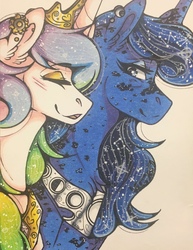 Size: 989x1280 | Tagged: safe, artist:nightmare-moons-throneroom, princess celestia, princess luna, pony, g4, blushing, coat markings, dappled, duo, ear fluff, ear piercing, earring, ethereal mane, eyeshadow, female, jewelry, lidded eyes, makeup, mare, missing accessory, piercing, regalia, sidemouth, simple background, starry mane, traditional art, white background
