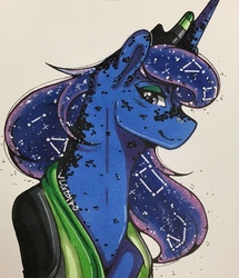 Size: 1099x1280 | Tagged: safe, artist:nightmare-moons-throneroom, princess luna, pony, g4, aromantic, aromantic pride flag, coat markings, constellation, constellation hair, dappled, ethereal mane, eyeshadow, female, flag, jewelry, looking at you, makeup, mare, missing accessory, pride, pride flag, simple background, solo, starry mane, tiara, traditional art, white background