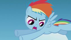 Size: 1200x675 | Tagged: safe, screencap, rainbow dash, pony, g4, the cutie re-mark, angry, cloud, female, filly, flying, open mouth, solo, spread wings, wings, younger