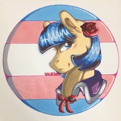 Size: 1280x1280 | Tagged: safe, artist:nightmare-moons-throneroom, coco pommel, pony, g4, abstract background, badge, blushing, bow, bust, female, flower, flower in hair, gender headcanon, headcanon, lgbt headcanon, looking at you, mare, pride, smiling, solo, traditional art, trans female, transgender, transgender pride flag