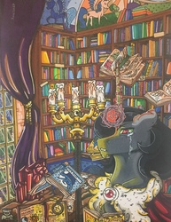 Size: 989x1280 | Tagged: safe, artist:nightmare-moons-throneroom, king sombra, pony, unicorn, g4, book, bookshelf, candle, cape, clothes, crying, ear fluff, glowing horn, horn, library, male, solo, stallion, traditional art, wip
