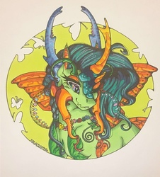 Size: 1159x1280 | Tagged: safe, artist:nightmare-moons-throneroom, queen chrysalis, changedling, changeling, g4, abstract background, female, floral necklace, horns, looking down, mandibles, purified chrysalis, reformed, smiling, solo, traditional art