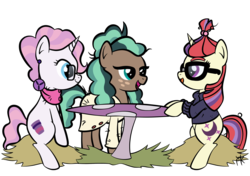 Size: 2893x2039 | Tagged: safe, artist:pony4koma, minty mocha, moondancer, raspberry latte, earth pony, pony, unicorn, g4, the parent map, bathrobe, best friends, clothes, coffee, female, freckles, glasses, gravity falls, high res, just friends, mabel pines, male, mare, ponyville, reference, robe, simple background, sire's hollow, sweater, table, transparent background