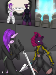 Size: 710x947 | Tagged: safe, artist:glassmenagerie, starlight glimmer, tempest shadow, robot, g4, armor, blindfold, comic, nier: automata, spear, sword, weapon