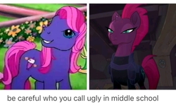 Size: 1440x860 | Tagged: safe, screencap, fizzlepop berrytwist, fizzy pop, tempest shadow, g3, g4, my little pony: the movie, comparison, exploitable meme, facebook, meme