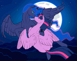 Size: 1000x802 | Tagged: safe, artist:imreer, princess luna, twilight sparkle, alicorn, pony, g4, animated, ethereal mane, female, flying, glowing eyes, jewelry, lesbian, looking at each other, mare, missing accessory, moon, night, ship:twiluna, shipping, spread wings, starry mane, starry night, tiara, twilight sparkle (alicorn), wings
