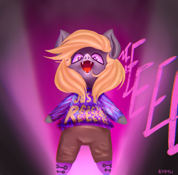 Size: 3000x2950 | Tagged: safe, artist:pinkiefloydy, oc, oc only, oc:bloody heart, bat pony, anthro, bat pony oc, chibi, clothes, colored pupils, eeee, high res, looking at you, reeee, signature, silly face, smiling, solo