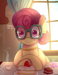 Size: 626x809 | Tagged: dead source, safe, artist:whiskyice, posey shy, pegasus, pony, g4, cake, crying, cup, curtains, eye clipping through hair, female, flower, food, glasses, implied fluttershy, jewelry, mother's day, plate, solo, tea, tears of joy, wide eyes, window