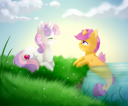Size: 2892x2400 | Tagged: safe, artist:twinkepaint, scootaloo, sweetie belle, pony, seapony (g4), unicorn, g4, surf and/or turf, female, filly, grass, high res, seaponified, seapony scootaloo, smiling, species swap, water
