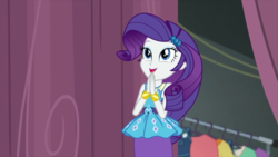 Size: 1280x720 | Tagged: safe, screencap, rarity, equestria girls, equestria girls series, g4, rarity investigates: the case of the bedazzled boot, clothes, female, pencil skirt, rarity peplum dress, skirt, smiling, solo