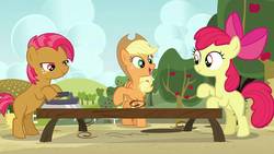 Size: 1920x1080 | Tagged: safe, screencap, apple bloom, applejack, babs seed, earth pony, pony, apple family reunion, g4, animation error, apple, apple tree, derp, derp bloom, female, filly, food, mare, raise this barn, raised hoof, ribbon, singing, sweet apple acres, tree, trio, wood, woodworking, working, wrong eye color