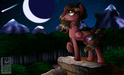 Size: 2800x1700 | Tagged: safe, artist:elmutanto, oc, oc only, oc:aya lightstreak, pegasus, pony, adventure, canterlot, commission, everfree forest, fanfic, fanfic art, female, high quality, mare, moon, mountain, night, shooting star, solo, stars, tree