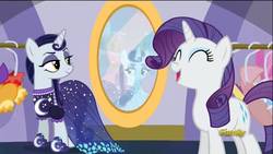 Size: 1920x1080 | Tagged: safe, screencap, moonlight raven, rarity, pony, unicorn, canterlot boutique, g4, clothes, duo, fashion, female, goth, goth pony, gothic, happy, mare, mirror, rules of rarity, smiling, when she smiles