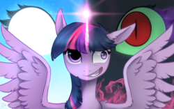 Size: 1280x800 | Tagged: safe, artist:draknairy, twilight sparkle, alicorn, pony, g4, corrupted twilight sparkle, duality, female, mare, solo, spread wings, twilight sparkle (alicorn), wings