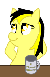 Size: 774x1200 | Tagged: safe, artist:anonymous, oc, oc:leslie fair, earth pony, pony, /mlpol/, coffee, female, looking up, mug, smiling