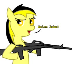 Size: 1200x1050 | Tagged: safe, artist:anonymous, oc, oc:leslie fair, earth pony, pony, /mlpol/, ar-15, assault rifle, dual wield, female, greek, gun, m16, m16a2, rifle, simple background, talking, transparent background, weapon