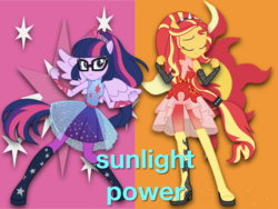 Size: 2048x1536 | Tagged: safe, editor:php77, sci-twi, sunset shimmer, twilight sparkle, equestria girls, equestria girls specials, g4, my little pony equestria girls: better together, my little pony equestria girls: forgotten friendship, glasses, ponied up, pony ears, ponytail, sci-twilicorn, smiling, wings