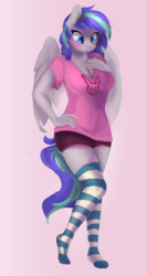 Size: 1364x2569 | Tagged: safe, artist:tangomangoes, oc, oc only, oc:storm feather, pegasus, anthro, plantigrade anthro, anthro oc, clothes, female, mare, rule 63, shirt, shorts, socks, solo, stockings, striped socks, thigh highs