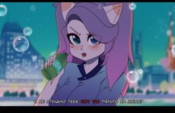 Size: 1400x900 | Tagged: safe, artist:yukomaussi, oc, oc only, anthro, anime, anthro oc, bubble, clothes, cyrillic, drink, russian, soda, text, translated in the comments