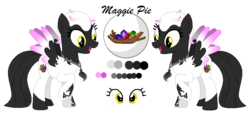 Size: 874x402 | Tagged: safe, artist:mlpcrystalharmony, artist:selenaede, oc, oc only, oc:maggie pie, pegasus, pony, base used, feather, female, jewelry, mare, necklace, open mouth, reference sheet, simple background, solo, tattoo, transparent background