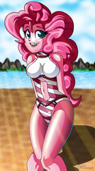 Size: 800x1440 | Tagged: safe, artist:xjkenny, pinkie pie, equestria girls, g4, beach, clothes, female, navel cutout, one-piece swimsuit, solo, swimsuit