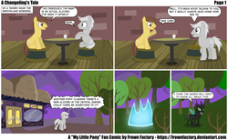 Size: 4160x2556 | Tagged: safe, artist:frownfactory, oc, oc:trophus, changeling, earth pony, pony, comic:a changeling's tale, candle, changeling oc, comic, disguise, disguised changeling, male, shapeshifting, sitting, stallion, standing, table, tavern, text, tree, walking