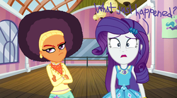 Size: 3000x1667 | Tagged: safe, artist:ktd1993, rarity, saffron masala, equestria girls, g4, my little pony equestria girls: better together, afro, crossed arms, ear piercing, earring, equestria girls-ified, female, frown, geode of shielding, jewelry, lesbian, looking at you, magical geodes, neckerchief, open mouth, piercing, raffron, shipping