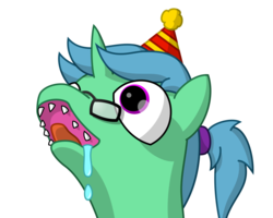 Size: 1500x1200 | Tagged: safe, artist:irvau, oc, oc only, pony, unicorn, drool, glasses, hat, party hat, ponytail, sharp teeth, simple background, solo, teeth, transparent background