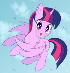 Size: 1247x1299 | Tagged: safe, artist:brok-enwings, twilight sparkle, alicorn, pony, g4, :3, cloud, cute, cutie mark, female, looking at you, mare, open mouth, sky, smiling, solo, twiabetes, twilight sparkle (alicorn), wings