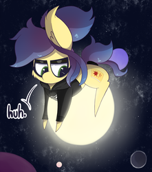Size: 2089x2365 | Tagged: safe, artist:dragonpone, derpibooru exclusive, oc, oc only, oc:star shelf, earth pony, pony, cheek fluff, clothes, dialogue, ear fluff, eyeshadow, female, giant pony, goth, high res, hoodie, huh, lidded eyes, looking down, macro, makeup, mare, planet, pony bigger than a planet, ponytail, solo, space, stars, sweater, tail wrap, tangible heavenly object