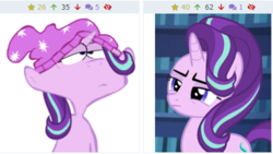 Size: 479x271 | Tagged: safe, screencap, starlight glimmer, pony, unicorn, derpibooru, every little thing she does, g4, beanie, bookshelf, bust, clothes, cropped, crossover, double d, ed edd n eddy, equestria girls outfit, female, hat, juxtaposition, mare, meta, squint