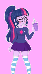 Size: 1836x3202 | Tagged: safe, artist:iyoungsavage, sci-twi, twilight sparkle, equestria girls, g4, blushing, clothes, cup, cute, cutie mark on clothes, female, glasses, looking at you, microskirt, miniskirt, moe, one eye closed, ponytail, simple background, skirt, smiling, socks, solo, stockings, striped socks, thigh highs, thigh socks, thighs, twiabetes, wink