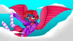 Size: 1000x573 | Tagged: safe, artist:princess-of-the-nigh, oc, oc only, oc:berī softly, pegasus, pony, anime, badge, clothes, cloud, collar, commission, female, flying, glasses, hoodie, jewelry, mare, necklace, pokémon, socks, solo, striped socks, weeaboo, ych result