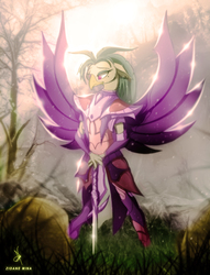 Size: 1080x1412 | Tagged: safe, artist:zidanemina, captain celaeno, parrot, semi-anthro, g4, my little pony: the movie, anime, armor, colored, crossover, digital art, female, horoscope, saint seiya, signature, solo, sword, weapon, zodiac