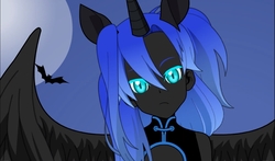 Size: 1280x754 | Tagged: safe, artist:deathnotebrony, derpibooru exclusive, nightmare moon, bat, human, g4, angry, female, horn, horned humanization, humanized, kisekae, moon, pony coloring, pony ears, slit pupils, solo, winged humanization, wings