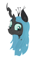 Size: 1752x3193 | Tagged: safe, artist:paskanaakka, derpibooru exclusive, queen chrysalis, changeling, changeling queen, g4, bust, ear fluff, fangs, female, freckles, portrait, simple background, smiling, solo, transparent background