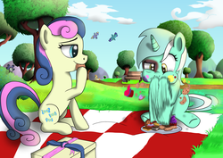 Size: 6952x4921 | Tagged: safe, artist:dusk-spark, bon bon, lyra heartstrings, sweetie drops, earth pony, parasprite, pony, unicorn, g4, absurd resolution, bench, duo, eating, female, food, mare, messy eating, park, picnic, picnic blanket, trash can, tree