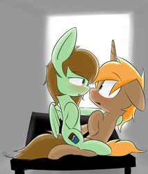 Size: 2955x3466 | Tagged: safe, artist:lofis, oc, oc:mint chocolate, oc:slypai, pegasus, pony, unicorn, blushing, couch, cutie mark, dark, dark atmosphere, female, grabbing, high res, horn, looking at each other, love, male, mare, pulling, sexy, shading, shy, signature, sitting, sitting on lap, sitting on person, stallion, straight, stunned, uncertain, wings