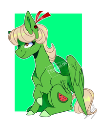 Size: 667x822 | Tagged: safe, artist:iheyyasyfox, oc, oc only, oc:melon seed, pegasus, pony, colored hooves, female, mare, one eye closed, raised hoof, signature, sitting, solo, wink