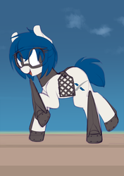 Size: 1350x1913 | Tagged: safe, artist:shinodage, oc, oc only, oc:merlin, original species, pony, rocket pony, female, goggles, gridfins, mare, ponified, solo, spacex