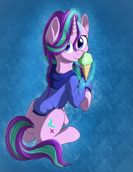 Size: 1668x2160 | Tagged: safe, artist:cluvry, starlight glimmer, pony, unicorn, g4, blue background, butt, clothes, dessert, female, food, hoodie, ice cream, levitation, licking, magic, plot, simple background, sitting, smiling, solo, telekinesis, tongue out, underhoof