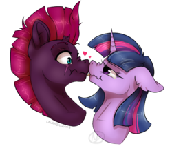 Size: 520x440 | Tagged: safe, artist:laurasscetches, fizzlepop berrytwist, tempest shadow, twilight sparkle, alicorn, pony, unicorn, g4, :p, :t, broken horn, bust, ear fluff, female, floppy ears, heart, horn, lesbian, lidded eyes, mare, nose wrinkle, scrunchy face, ship:tempestlight, shipping, silly, simple background, smiling, tongue out, transparent background, twilight sparkle (alicorn), wavy mouth