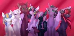 Size: 5118x2500 | Tagged: safe, artist:nobleclay, tempest shadow, twilight sparkle, alicorn, pony, unicorn, g4, broken horn, family, female, half-siblings, horn, lesbian, magical lesbian spawn, mare, offspring, parent:star swirl the bearded, parent:tempest shadow, parent:twilight sparkle, parents:tempestlight, parents:twiswirl, red background, ship:tempestlight, shipping, simple background, twilight sparkle (alicorn)