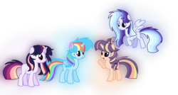Size: 1616x864 | Tagged: dead source, safe, artist:rainbows-skies, oc, oc only, oc:celestial moon, oc:colour sparkling, oc:magical apple, oc:smooth blue, alicorn, pegasus, pony, unicorn, base used, female, half-siblings, magical lesbian spawn, mare, offspring, parent:applejack, parent:rainbow dash, parent:twilight sparkle, parents:twidash, parents:twijack, simple background, transparent background
