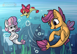 Size: 1280x905 | Tagged: safe, artist:calena, apple bloom, scootaloo, sweetie belle, seapony (g4), g4, surf and/or turf, bubble, crossed hooves, cutie mark crusaders, grumpy belle, ocean, open mouth, sea-mcs, seaponified, seapony apple bloom, seapony scootaloo, seapony sweetie belle, signature, species swap, speedpaint available, underwater